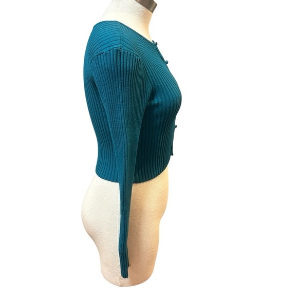 Urban Outfitters Teal Ribbed Cardigan Peyton Fitted Cropped Sz. L - Picture 7 of 10